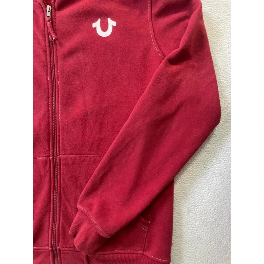 True Religion Mens Large Zip Hoodie Red Buddha Logo Back Graphic Sweatshirt